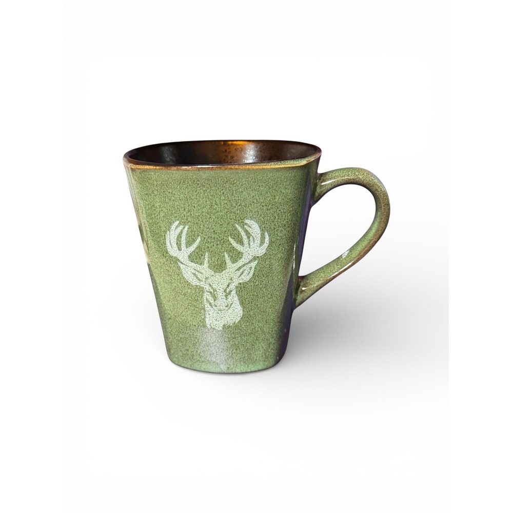 Stag Deer Head Coffee Mug Green Stoneware Rustic Cabin Lodge Hunter Gift Cup